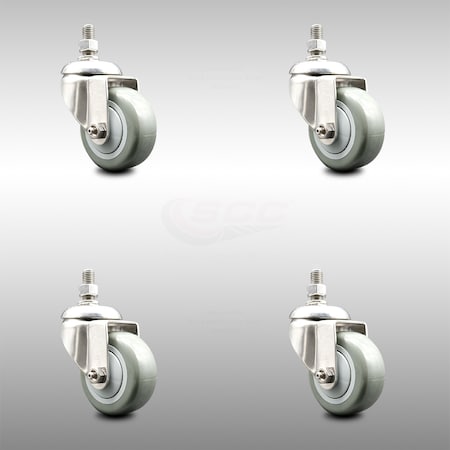 3 Inch 316SS Gray Polyurethane Wheel Swivel 12mm Threaded Stem Caster Set